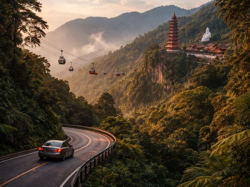 Chin Swee Temple entrance gate with mountain mist in the background.