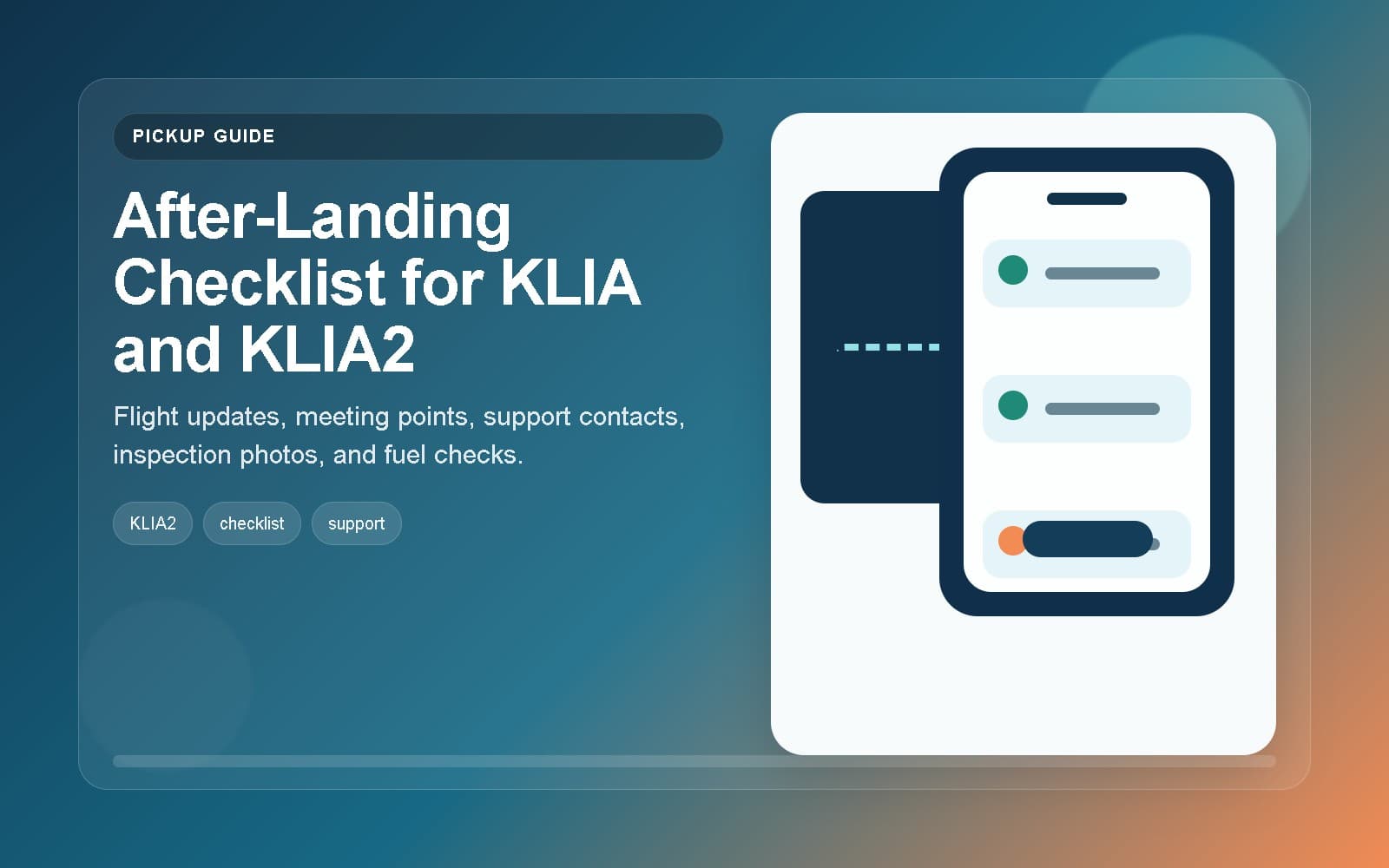 After-landing airport checklist illustration for KLIA and KLIA2 car rental pickup.