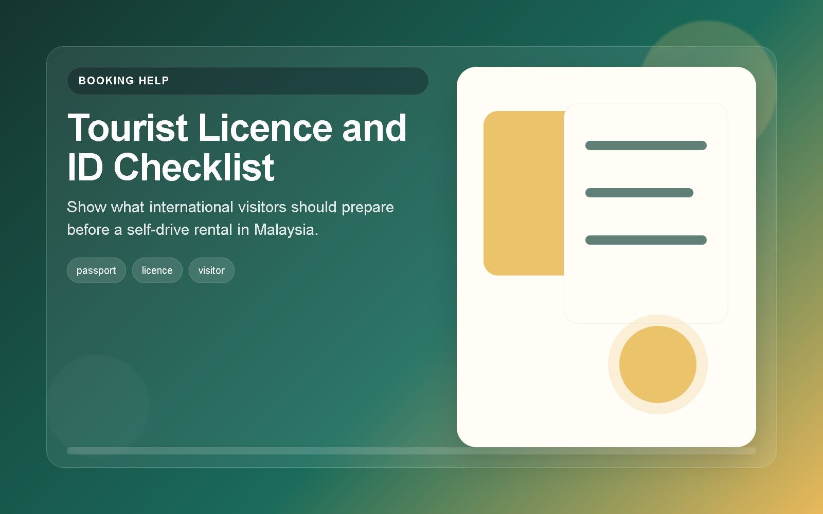 Tourist licence and passport checklist illustration for renting a car in Malaysia.