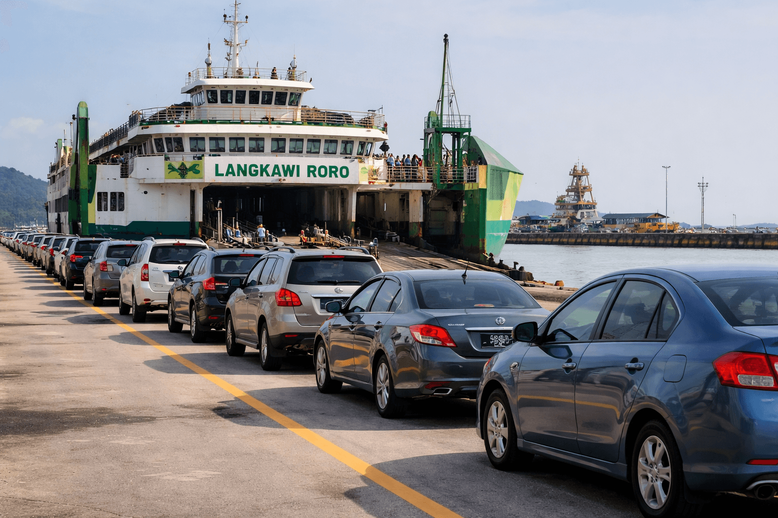 Langkawi island coastline viewed from the RORO ferry deck during the crossing.