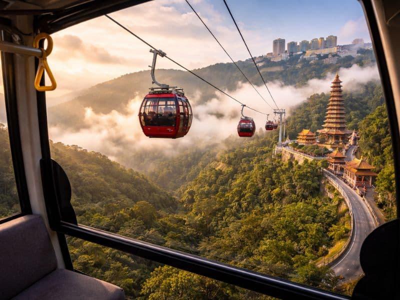 Morning view of the Genting Highlands mountain road with low clouds.
