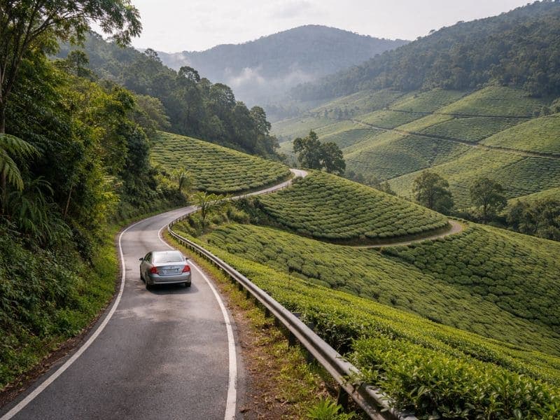 Scenic mountain road leading to Cameron Highlands with tea plantations