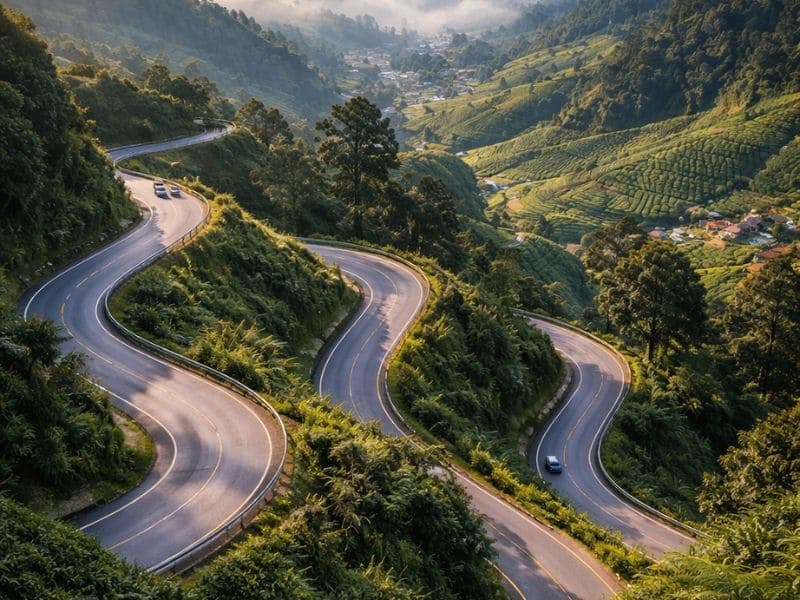 Winding mountain road with panoramic highland views