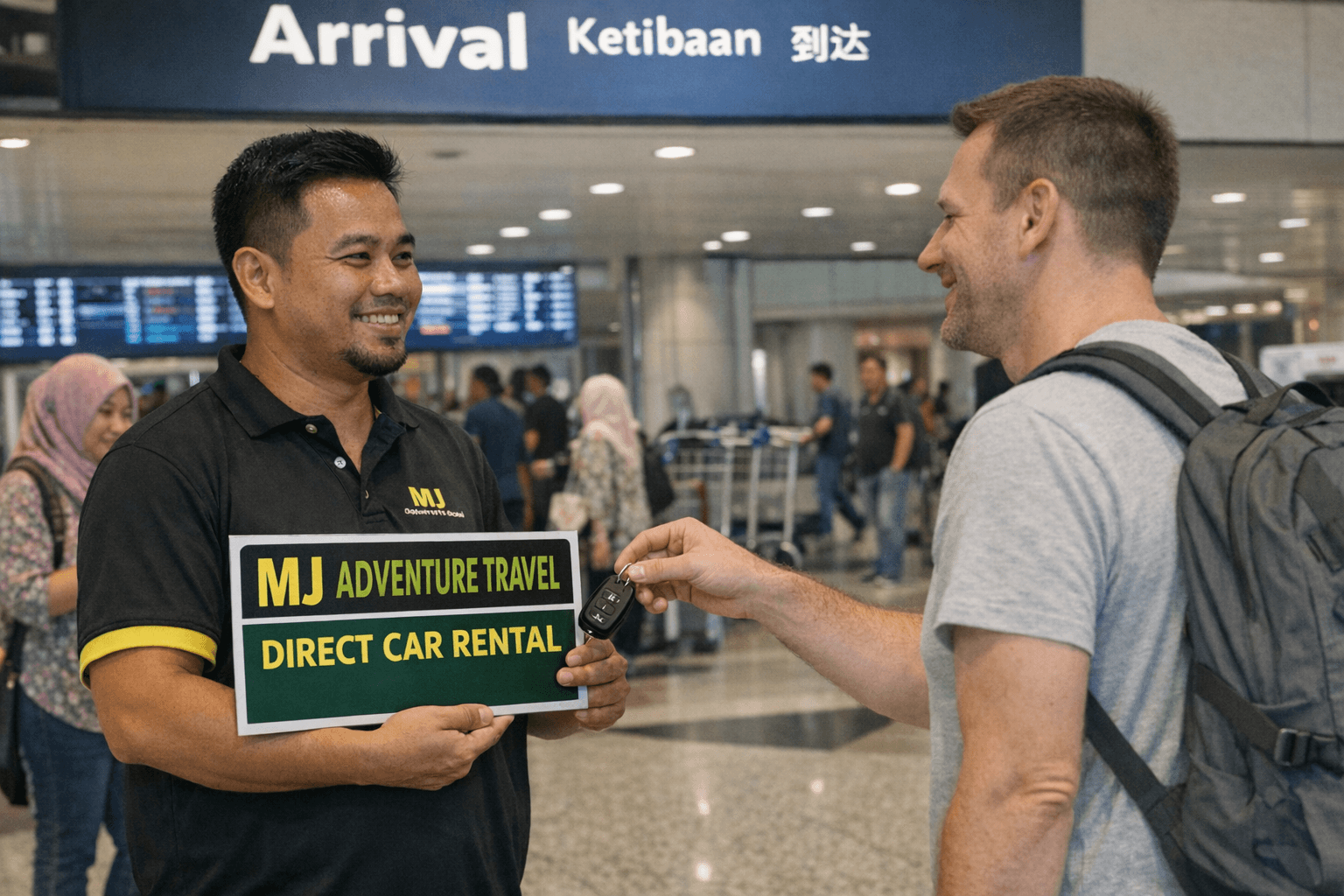 MJ Adventure Travel driver meeting traveller at KLIA arrivals hall for cheap direct car rental handover in Kuala Lumpur.