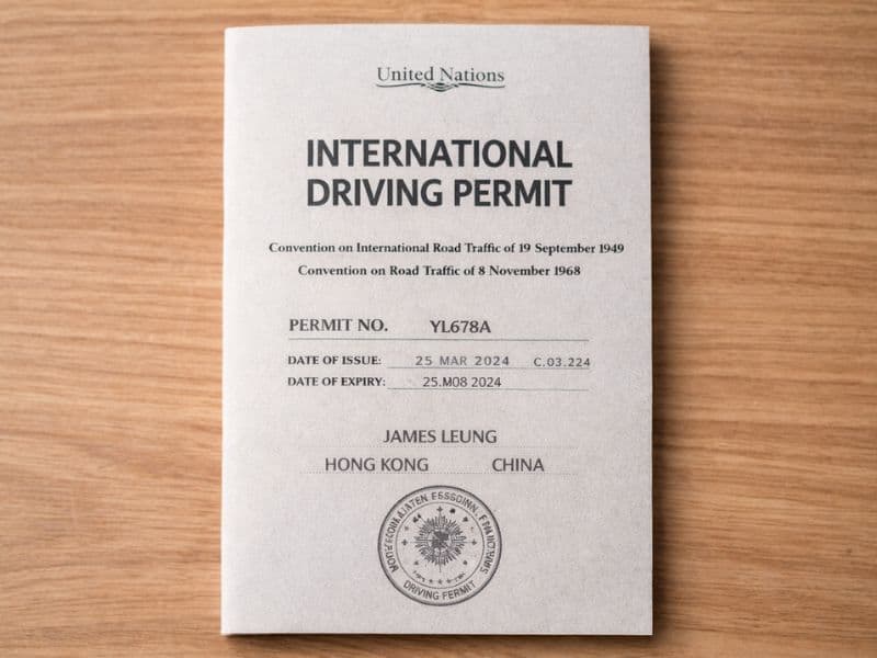 Front cover of an International Driving Permit booklet showing the United Nations emblem and holder details.