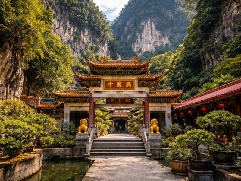 Sam Poh Tong cave temple entrance with limestone karst backdrop near Ipoh