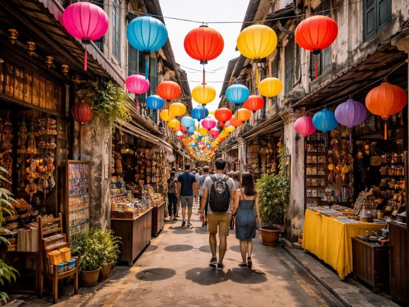 Colourful lanterns and heritage shophouses along Concubine Lane in Ipoh Old Town