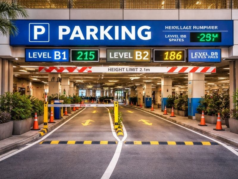 Modern mall parking entrance in Kuala Lumpur with digital signage displaying available spaces