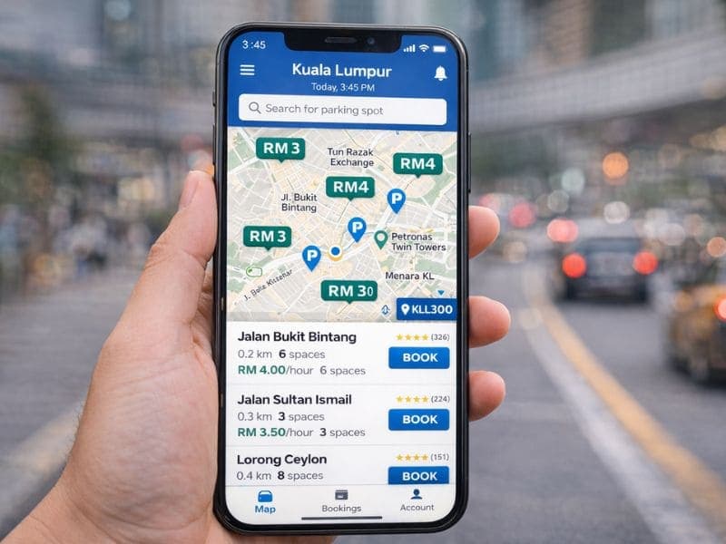 Smartphone showing parking app interface for finding and booking street parking in KL