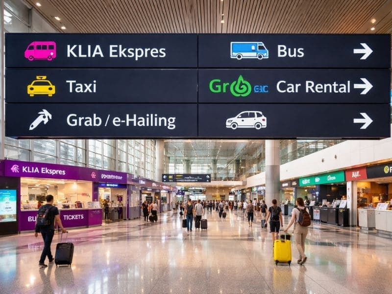 KLIA airport arrivals hall with directional signs pointing to various transport options