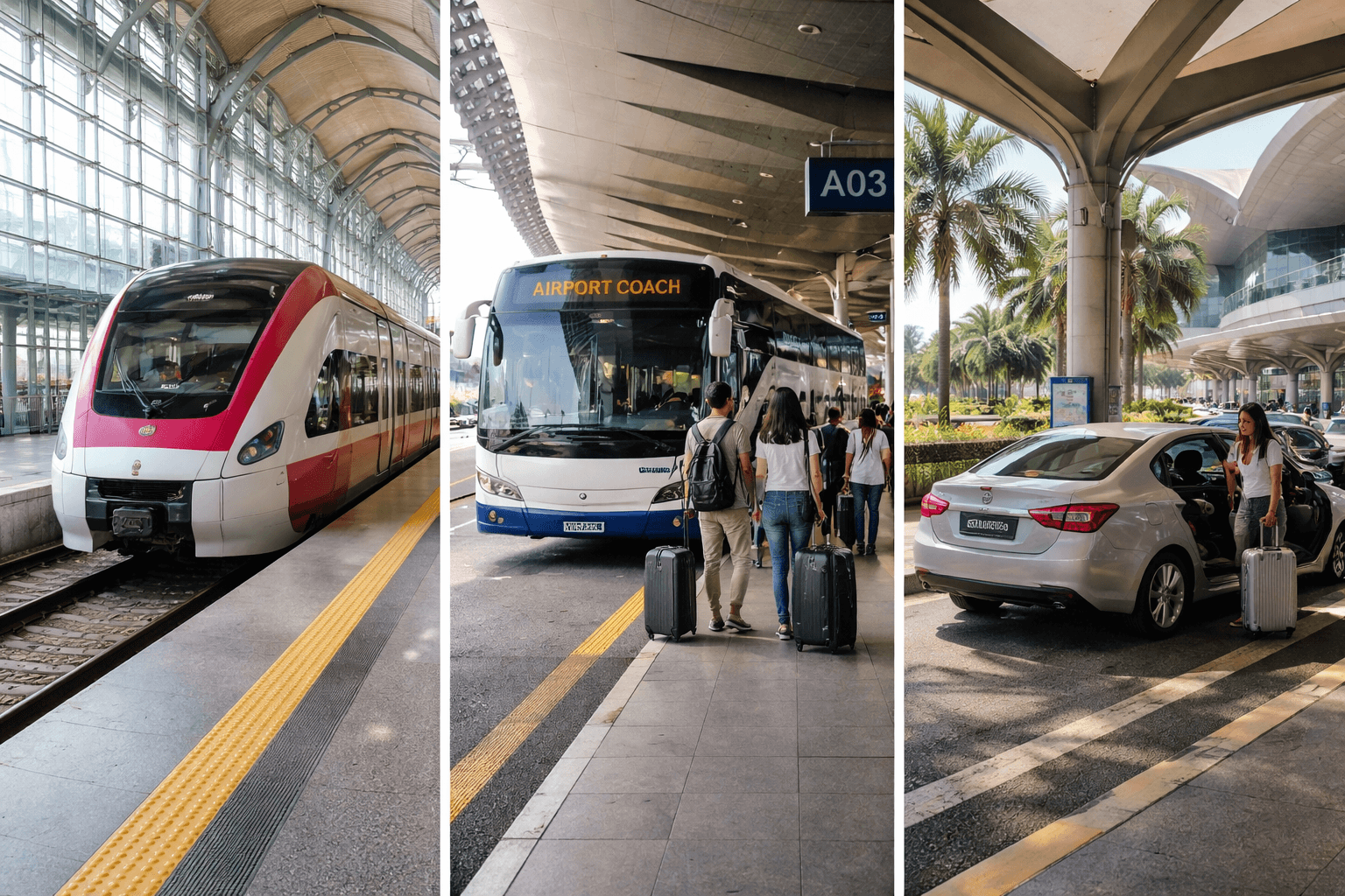 Various transport options from KLIA to Kuala Lumpur including train, bus, and taxi
