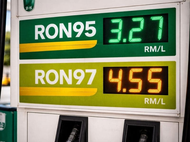 لقطة قريبة من شاشة مضخة البنزين تعرض أسعار الوقود RON95 و RON97 في ماليزيا