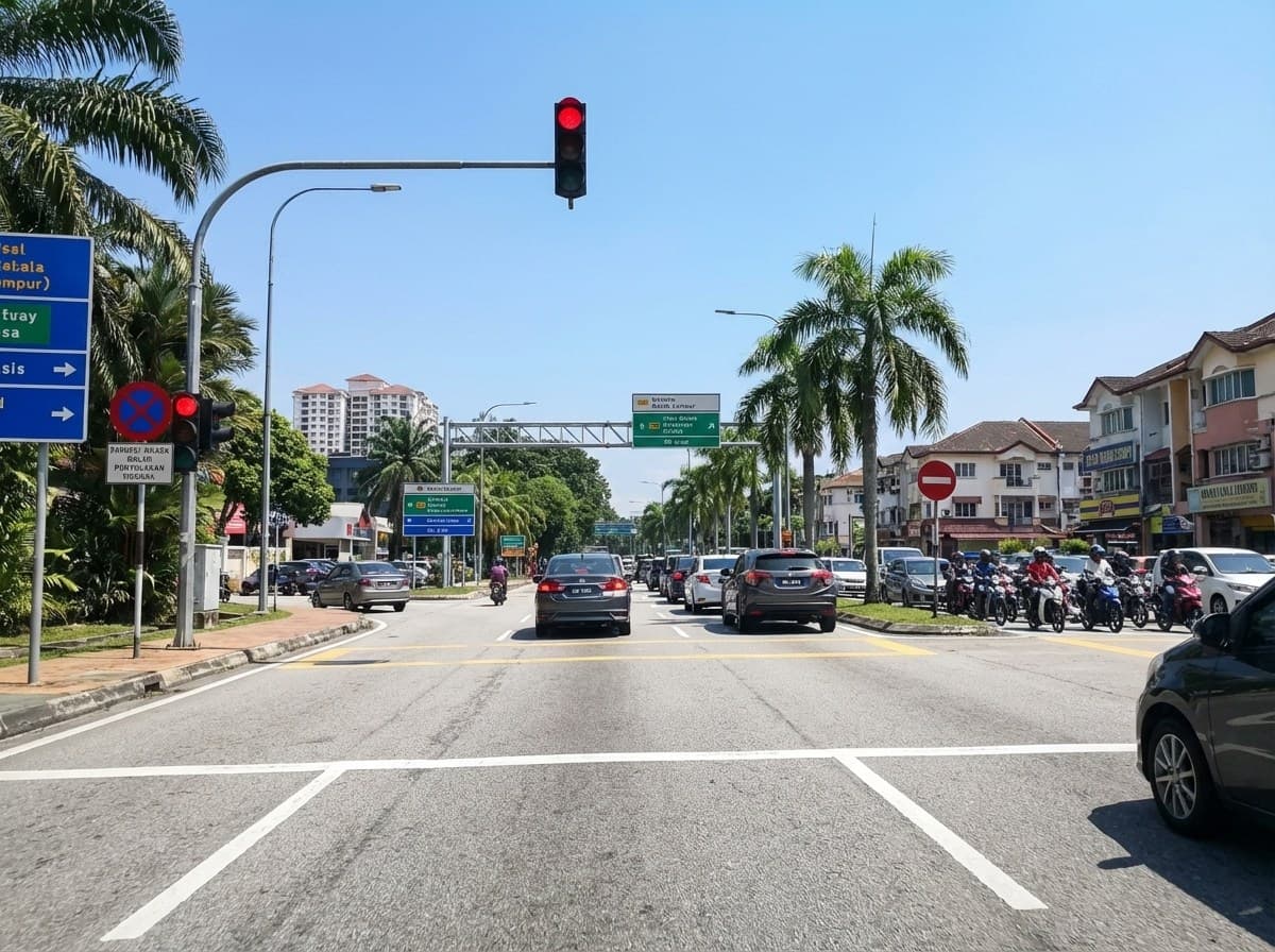 تقاطع حضري في ماليزيا مع إشارات المرور وعلامات المسارات ولافتات قواعد الطريق