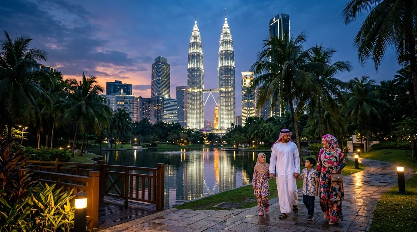 GCC family at KLCC Park with Petronas Twin Towers — Malaysia's top destination for Saudi and UAE tourists.