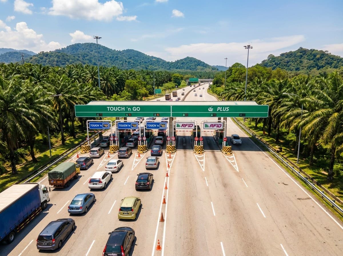 PLUS highway toll plaza in Malaysia showing Touch n Go and RFID lanes clearly marked