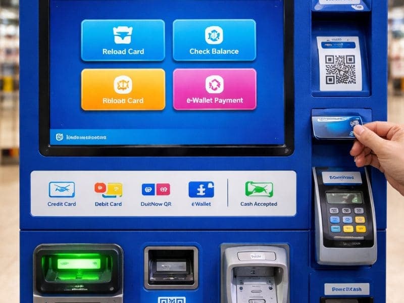 Touch 'n Go reload kiosk machine showing payment options and balance checking