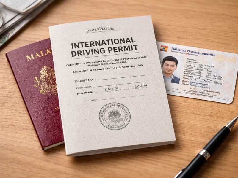 Passport, national driving licence, and IDP arranged together for a Malaysia car-rental pickup.