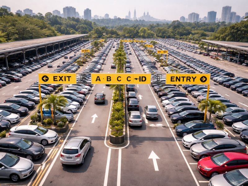 Modern parking garage in Kuala Lumpur with clear signage and organized spaces